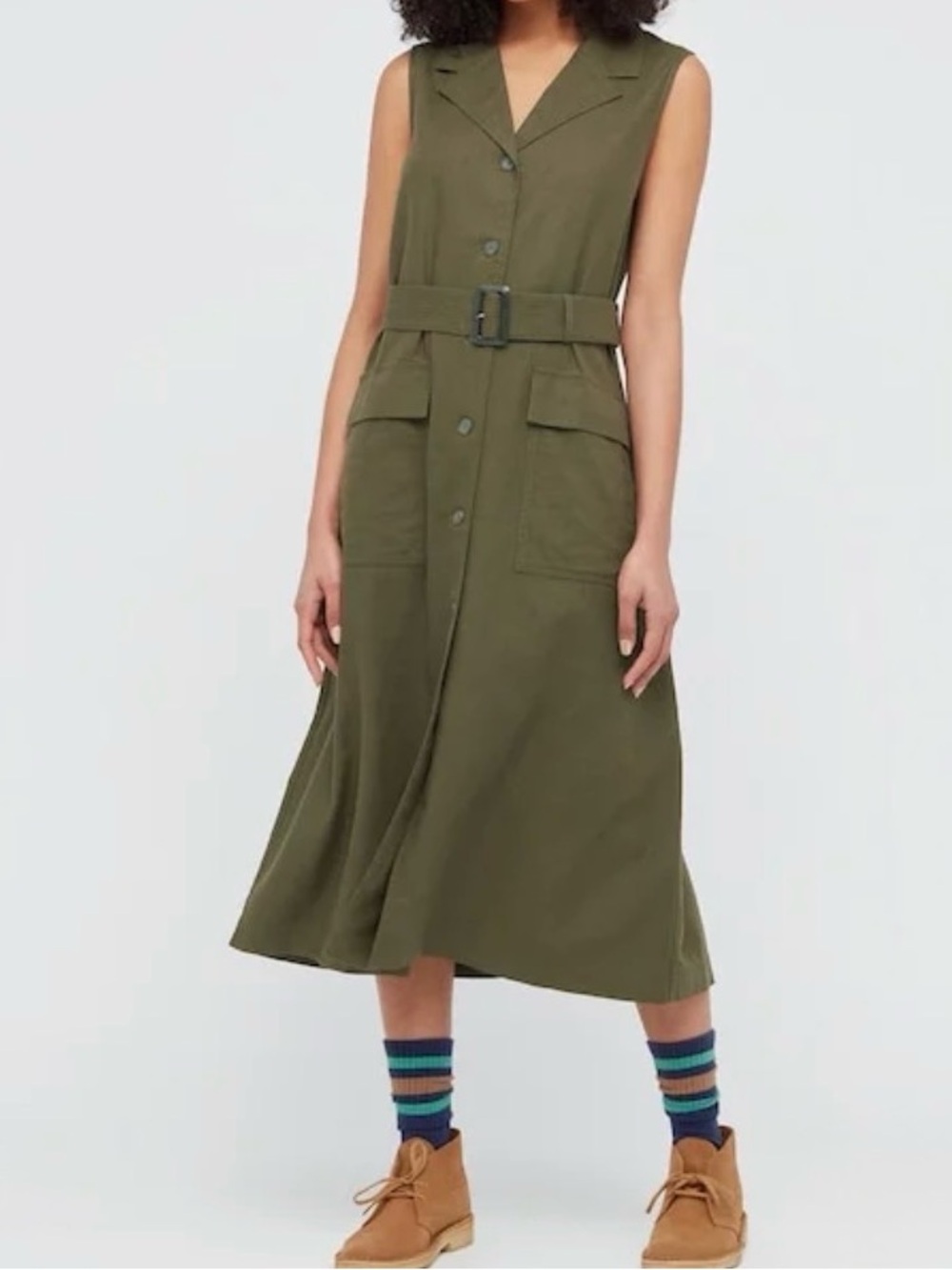 JW Anderson Uniqlo Linen Lapel Midi in Olive Cargo Trench Dress Tortoise Belt M